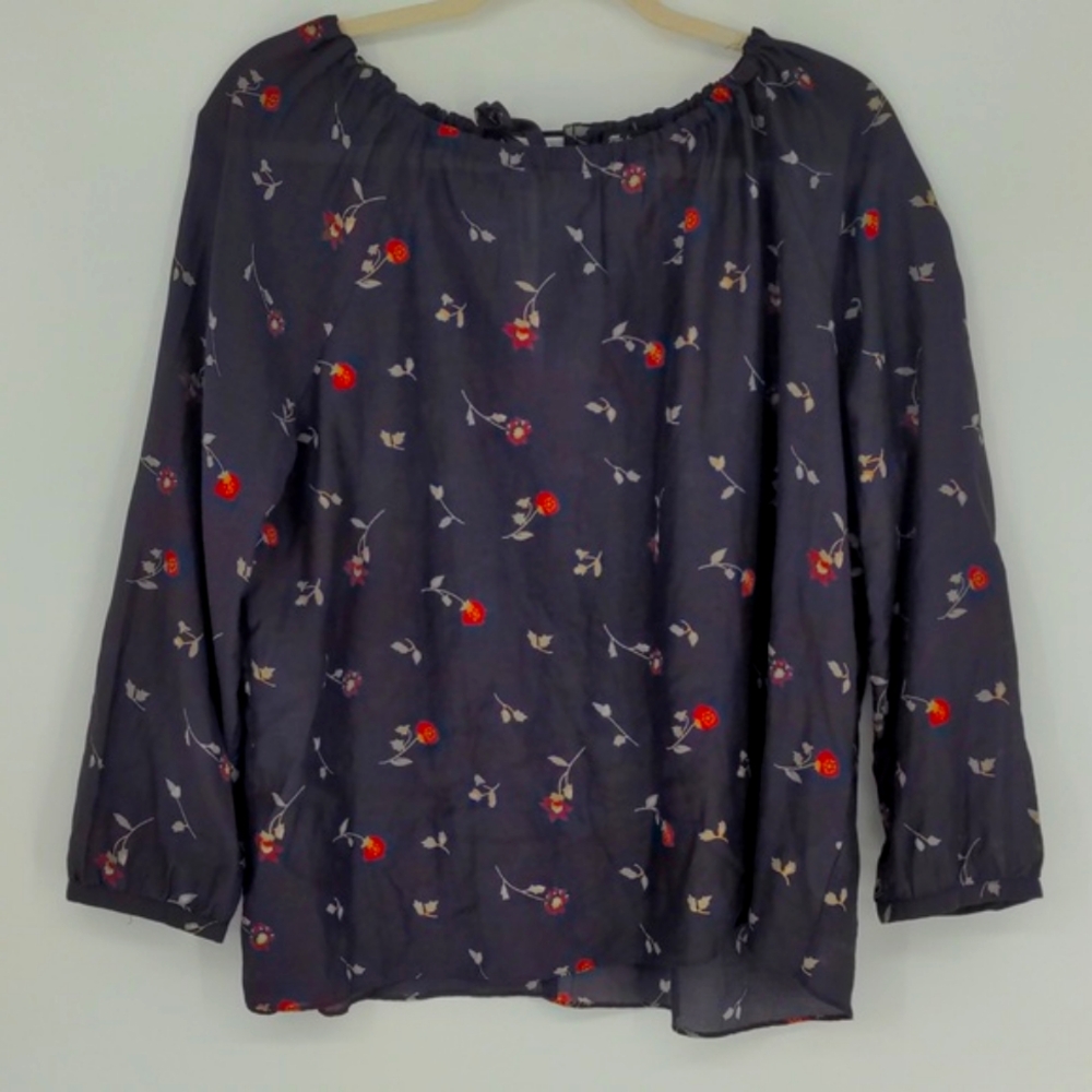 Madewell Cotton Silk Floral Peasant Blouse Size Small Navy Red Long Sleeve Shirt